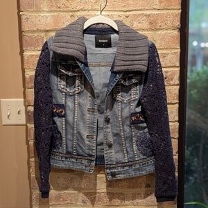 Desigual Blue Denim Jacket with Navy Crochet Sleeves